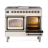 ILVE 40-Inch Nostalgie II Noblesse Propane Gas Dual Fuel Range with Triple Glass Door Oven in Antique White with Bronze Trim (UND40FNMPAWBLP)
