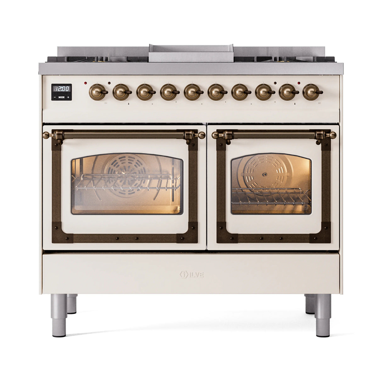 ILVE 40-Inch Nostalgie II Noblesse Propane Gas Dual Fuel Range with Triple Glass Door Oven in Antique White with Bronze Trim (UND40FNMPAWBLP)