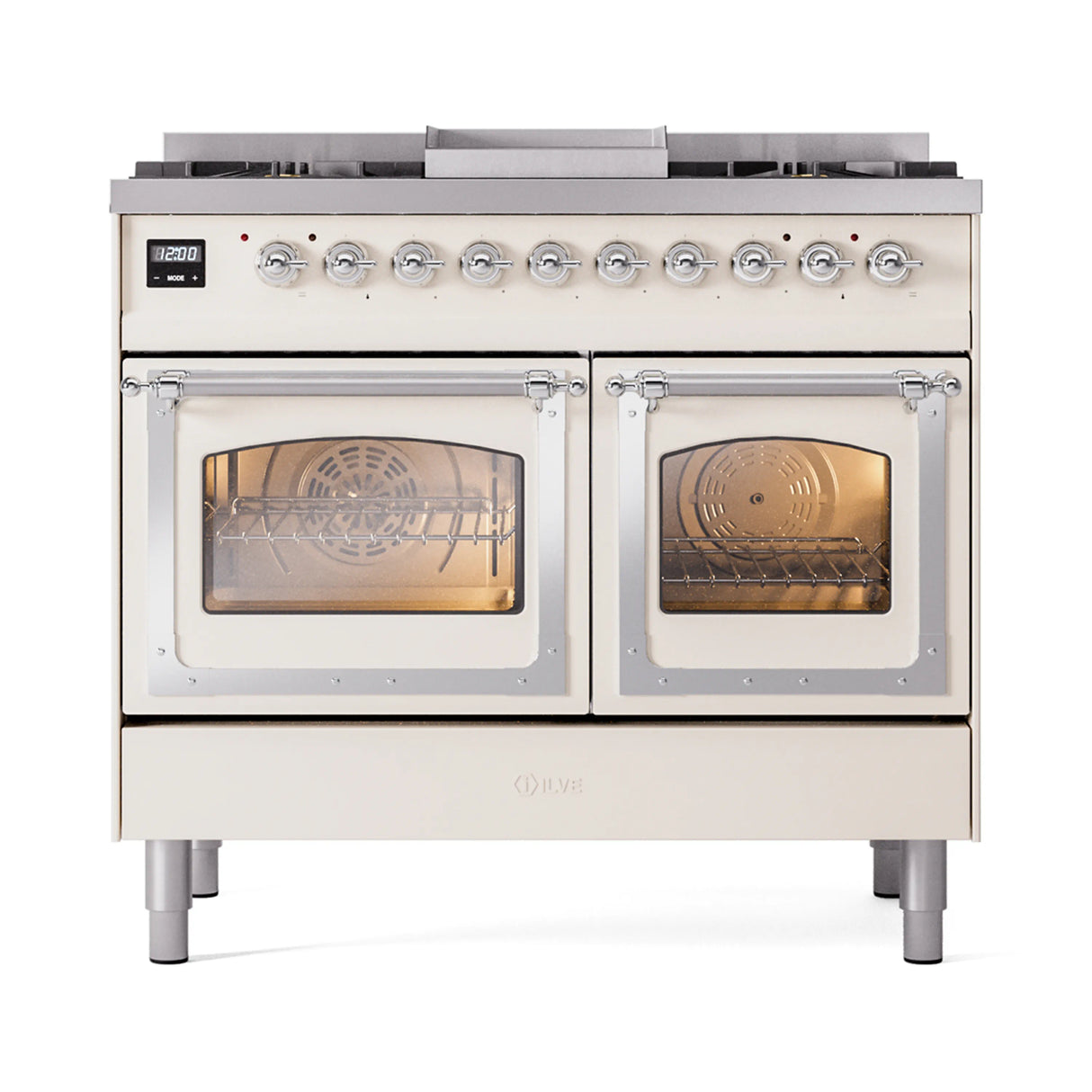 ILVE 40-Inch Nostalgie II Noblesse Propane Gas Dual Fuel Range with Triple Glass Door Oven in Antique White with Chrome Trim (UND40FNMPAWCLP)