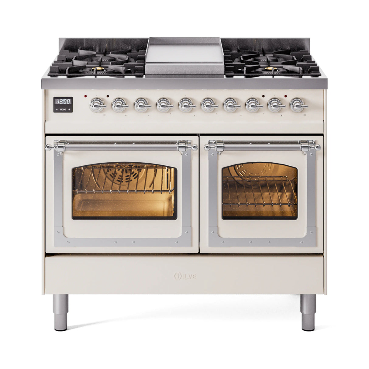 ILVE 40-Inch Nostalgie II Noblesse Propane Gas Dual Fuel Range with Triple Glass Door Oven in Antique White with Chrome Trim (UND40FNMPAWCLP)
