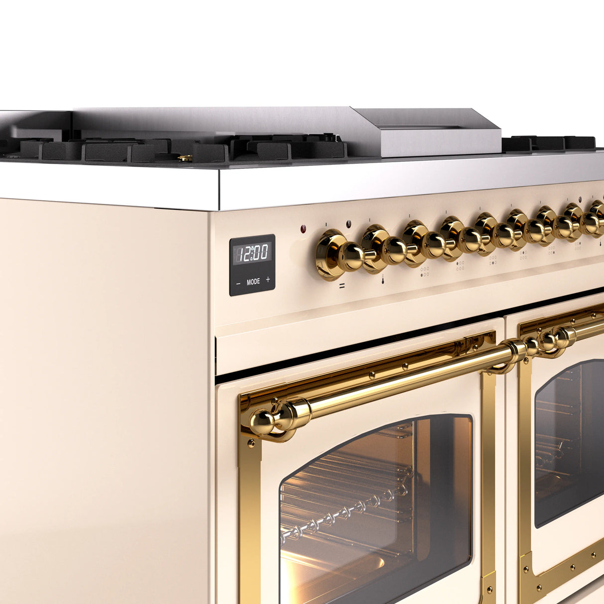 ILVE 40-Inch Nostalgie II Noblesse Propane Gas Dual Fuel Range with Triple Glass Door Oven in Antique White with Brass Trim (UND40FNMPAWGLP)