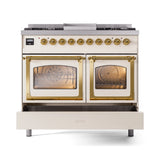 ILVE 40-Inch Nostalgie II Noblesse Propane Gas Dual Fuel Range with Triple Glass Door Oven in Antique White with Brass Trim (UND40FNMPAWGLP)