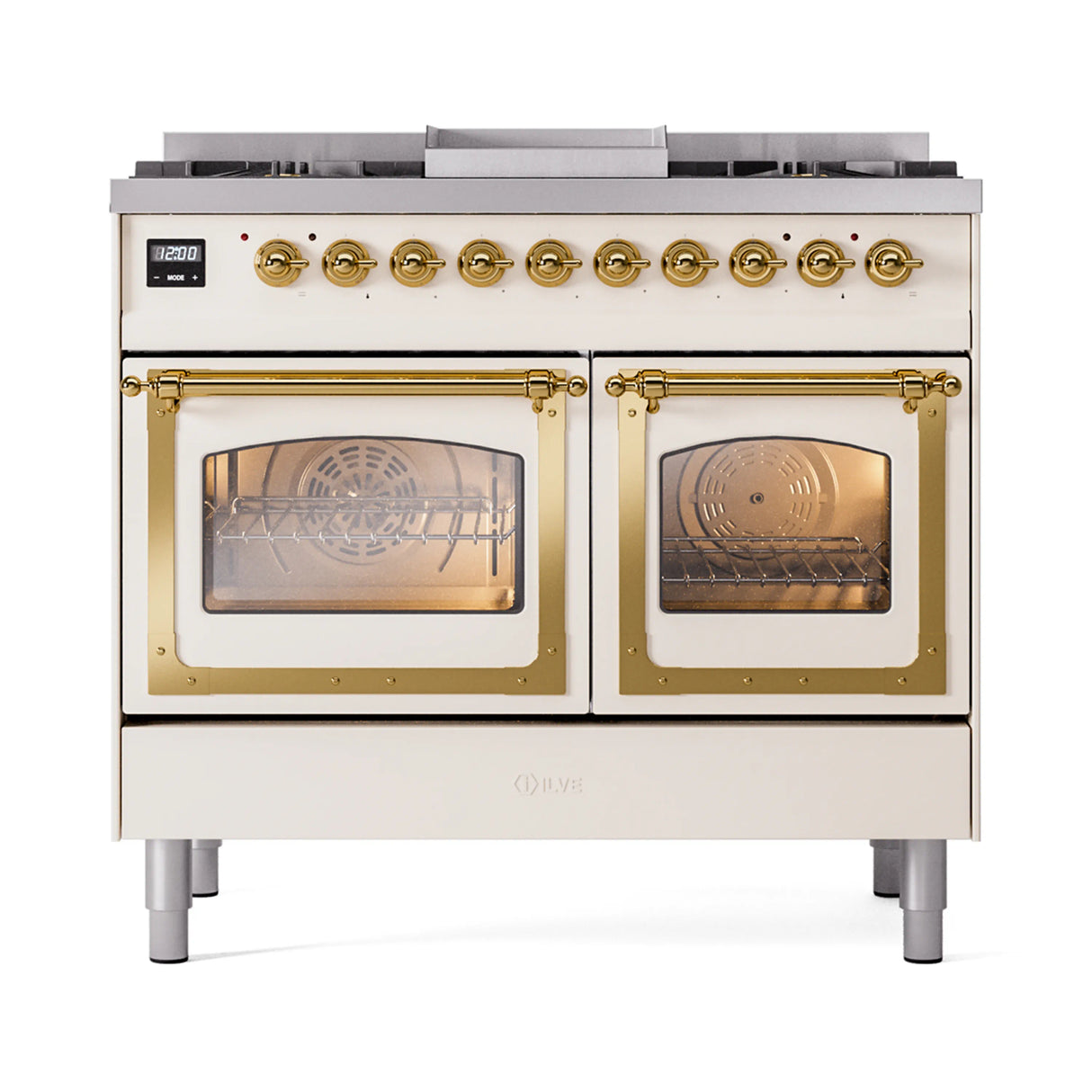 ILVE 40-Inch Nostalgie II Noblesse Propane Gas Dual Fuel Range with Triple Glass Door Oven in Antique White with Brass Trim (UND40FNMPAWGLP)