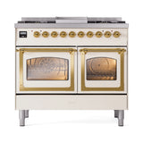 ILVE 40-Inch Nostalgie II Noblesse Propane Gas Dual Fuel Range with Triple Glass Door Oven in Antique White with Brass Trim (UND40FNMPAWGLP)