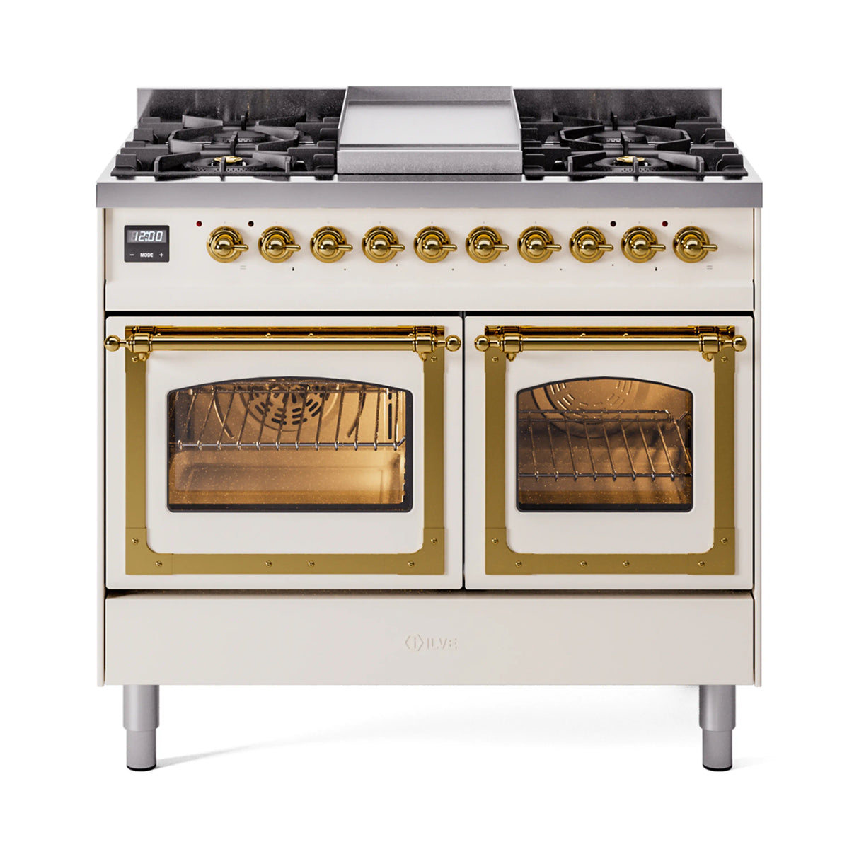 ILVE 40-Inch Nostalgie II Noblesse Propane Gas Dual Fuel Range with Triple Glass Door Oven in Antique White with Brass Trim (UND40FNMPAWGLP)