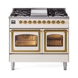 ILVE 40-Inch Nostalgie II Noblesse Propane Gas Dual Fuel Range with Triple Glass Door Oven in Antique White with Brass Trim (UND40FNMPAWGLP)