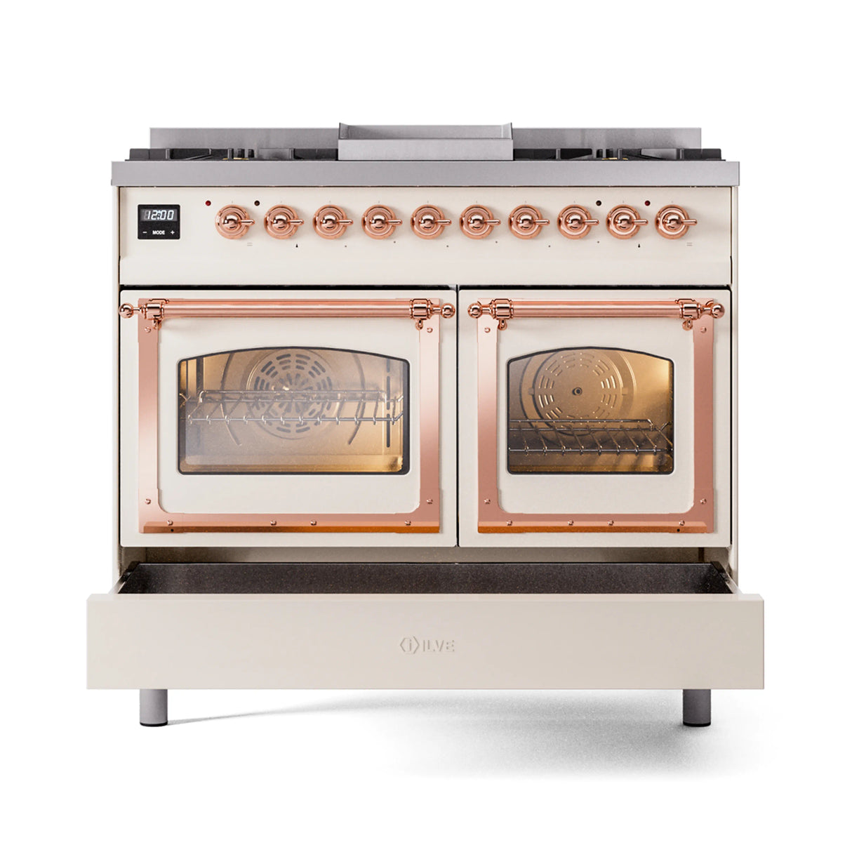 ILVE 40-Inch Nostalgie II Noblesse Propane Gas Dual Fuel Range with Triple Glass Door Oven in Antique White with Copper Trim (UND40FNMPAWPLP)