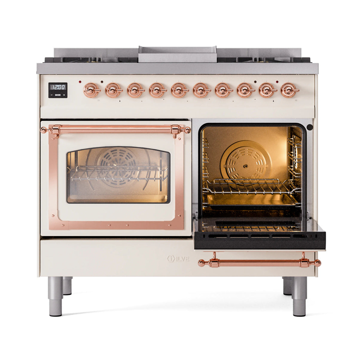 ILVE 40-Inch Nostalgie II Noblesse Propane Gas Dual Fuel Range with Triple Glass Door Oven in Antique White with Copper Trim (UND40FNMPAWPLP)