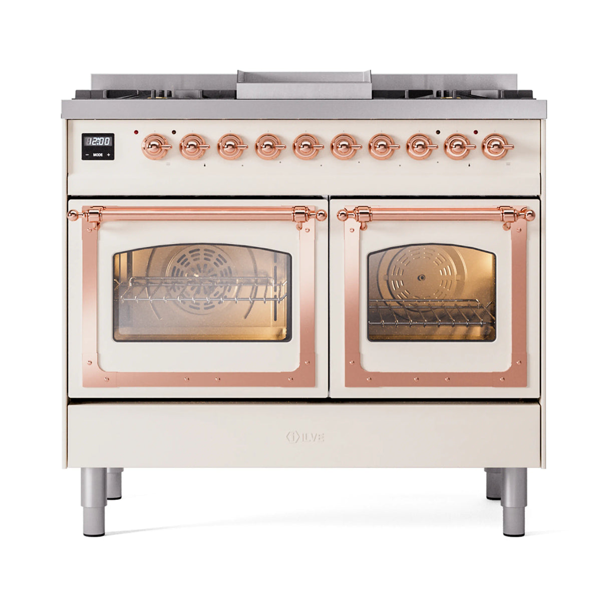 ILVE 40-Inch Nostalgie II Noblesse Propane Gas Dual Fuel Range with Triple Glass Door Oven in Antique White with Copper Trim (UND40FNMPAWPLP)