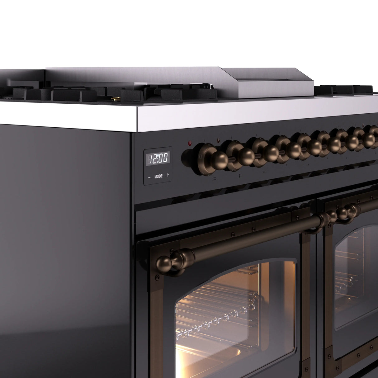 ILVE 40-Inch Nostalgie II Noblesse Propane Gas Dual Fuel Range with Triple Glass Door Oven in Glossy Black with Bronze Trim (UND40FNMPBKBLP)