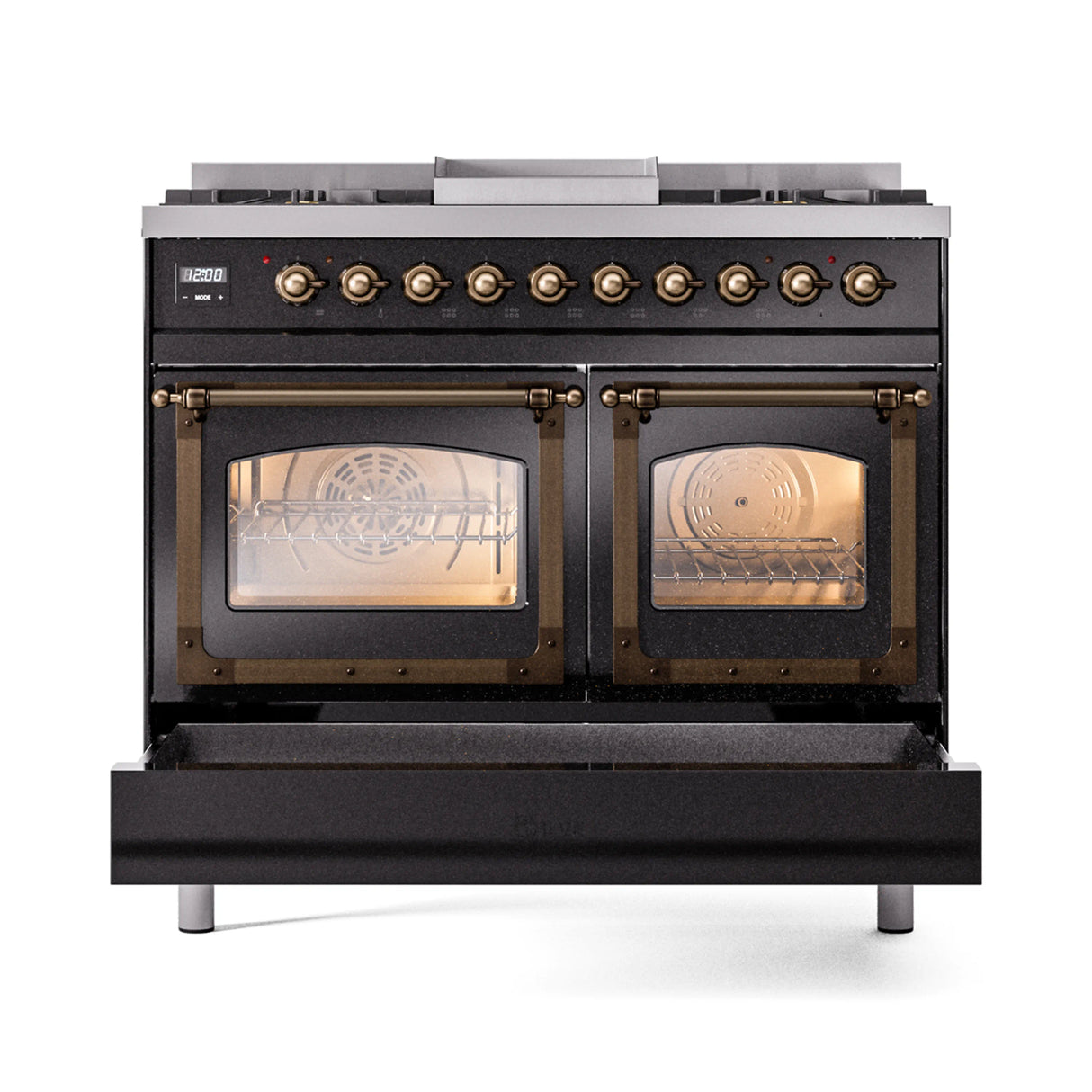 ILVE 40-Inch Nostalgie II Noblesse Propane Gas Dual Fuel Range with Triple Glass Door Oven in Glossy Black with Bronze Trim (UND40FNMPBKBLP)
