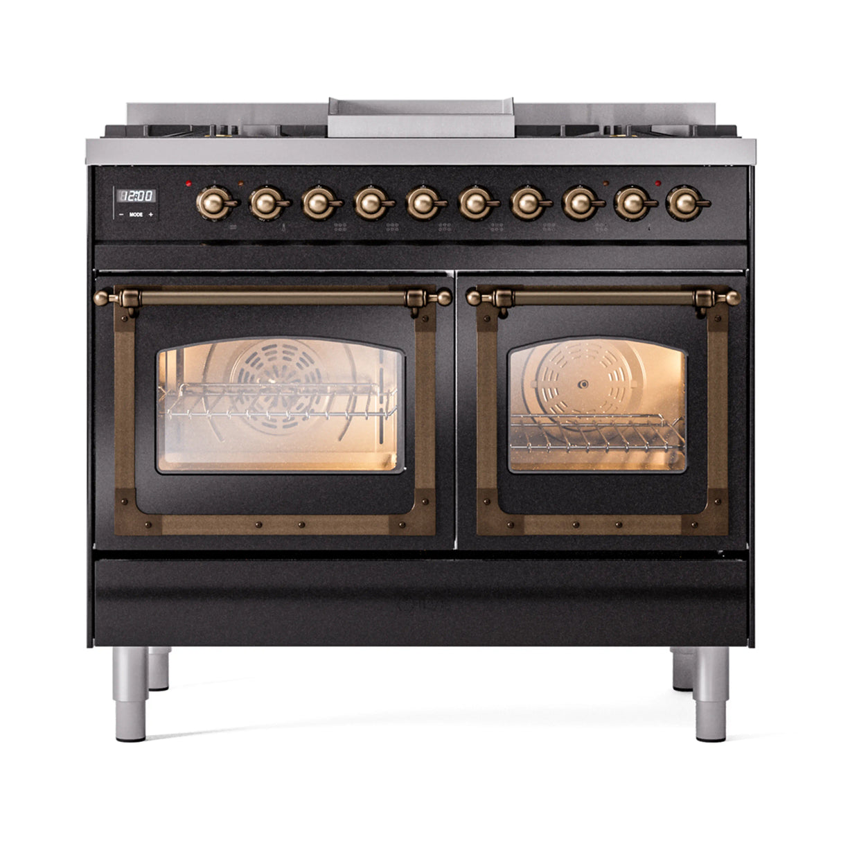 ILVE 40-Inch Nostalgie II Noblesse Propane Gas Dual Fuel Range with Triple Glass Door Oven in Glossy Black with Bronze Trim (UND40FNMPBKBLP)
