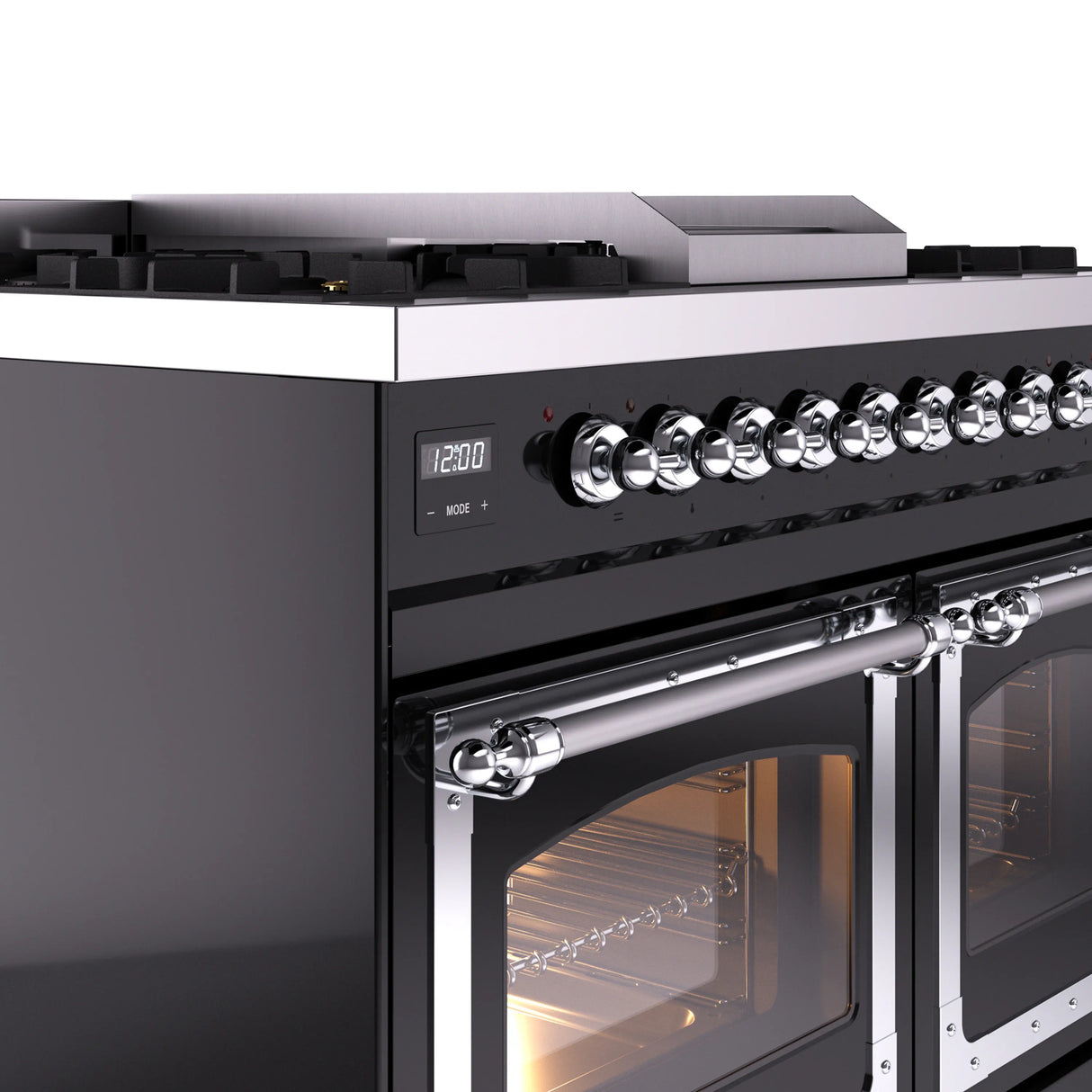 ILVE 40-Inch Nostalgie II Noblesse Propane Gas Dual Fuel Range with Triple Glass Door Oven in Glossy Black with Chrome Trim (UND40FNMPBKCLP)
