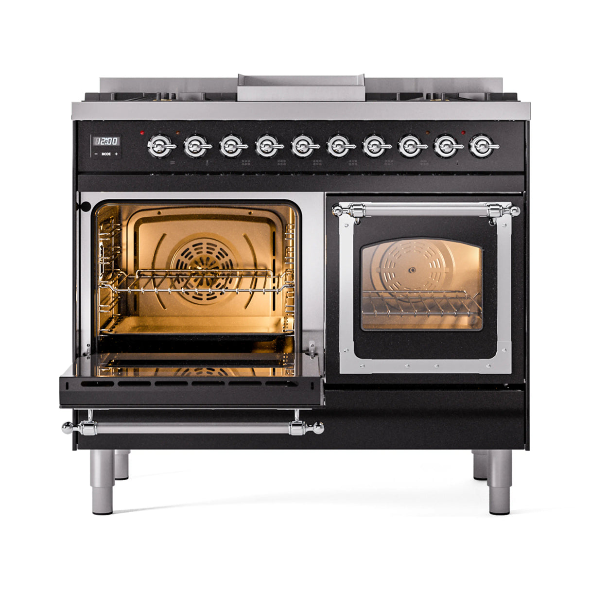 ILVE 40-Inch Nostalgie II Noblesse Propane Gas Dual Fuel Range with Triple Glass Door Oven in Glossy Black with Chrome Trim (UND40FNMPBKCLP)