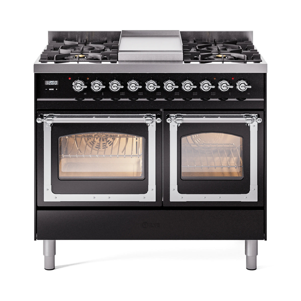 ILVE 40-Inch Nostalgie II Noblesse Natural Gas Dual Fuel Range with Triple Glass Door Oven in Glossy Black with Chrome Trim (UND40FNMPBKC)