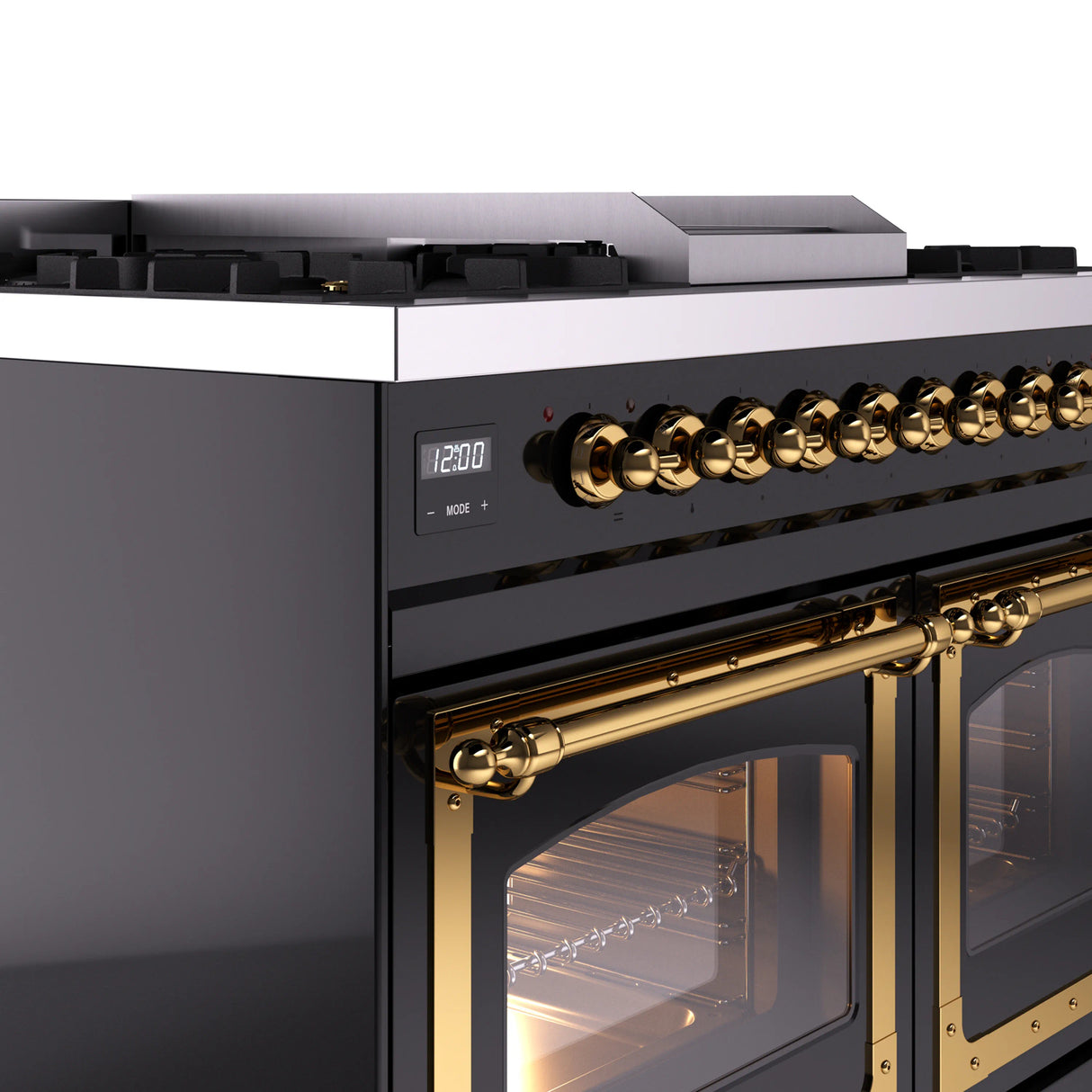 ILVE 40-Inch Nostalgie II Noblesse Propane Gas Dual Fuel Range with Triple Glass Door Oven in Glossy Black with Brass Trim (UND40FNMPBKGLP)