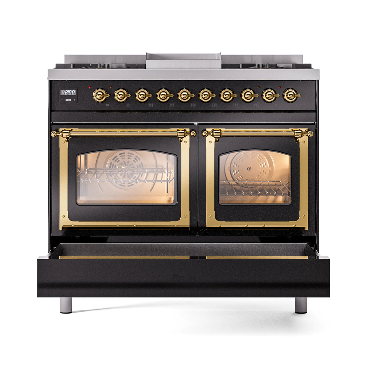 ILVE 40-Inch Nostalgie II Noblesse Propane Gas Dual Fuel Range with Triple Glass Door Oven in Glossy Black with Brass Trim (UND40FNMPBKGLP)