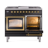 ILVE 40-Inch Nostalgie II Noblesse Propane Gas Dual Fuel Range with Triple Glass Door Oven in Glossy Black with Brass Trim (UND40FNMPBKGLP)