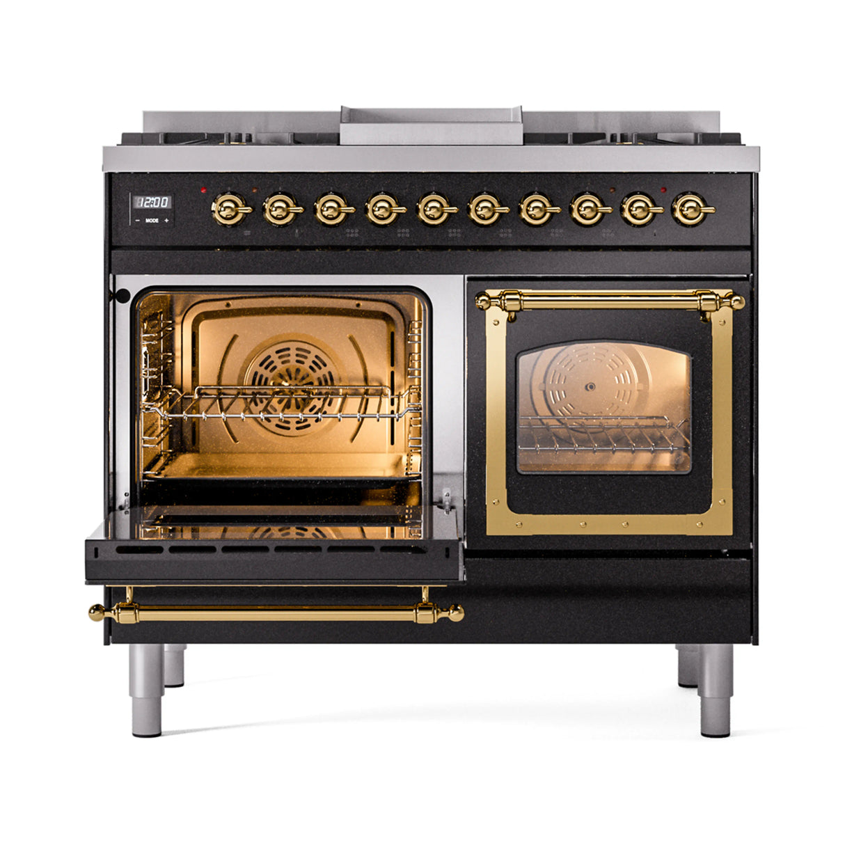 ILVE 40-Inch Nostalgie II Noblesse Propane Gas Dual Fuel Range with Triple Glass Door Oven in Glossy Black with Brass Trim (UND40FNMPBKGLP)