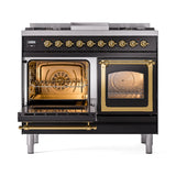 ILVE 40-Inch Nostalgie II Noblesse Propane Gas Dual Fuel Range with Triple Glass Door Oven in Glossy Black with Brass Trim (UND40FNMPBKGLP)