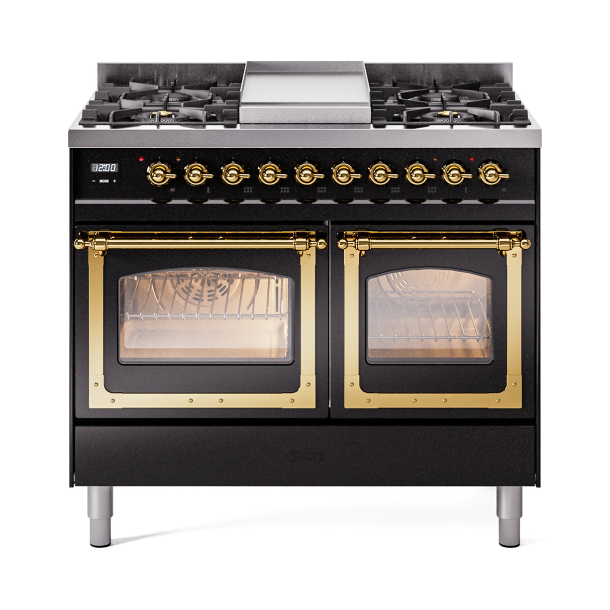 ILVE 40-Inch Nostalgie II Noblesse Propane Gas Dual Fuel Range with Triple Glass Door Oven in Glossy Black with Brass Trim (UND40FNMPBKGLP)