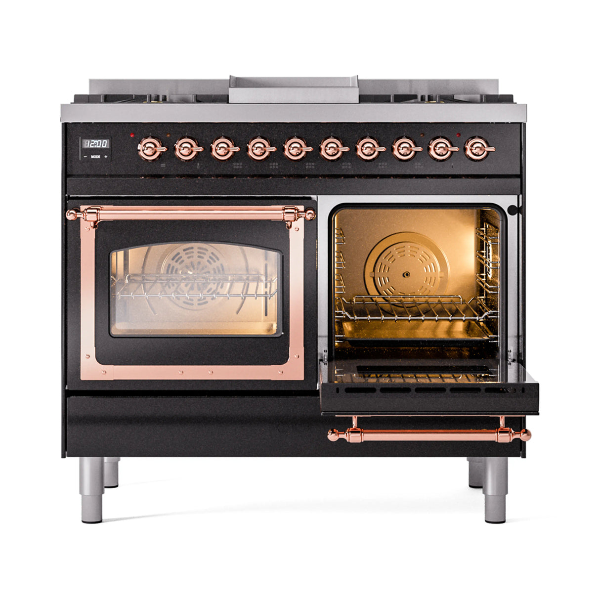 ILVE 40-Inch Nostalgie II Noblesse Propane Gas Dual Fuel Range with Triple Glass Door Oven in Glossy Black with Copper Trim (UND40FNMPBKPLP)