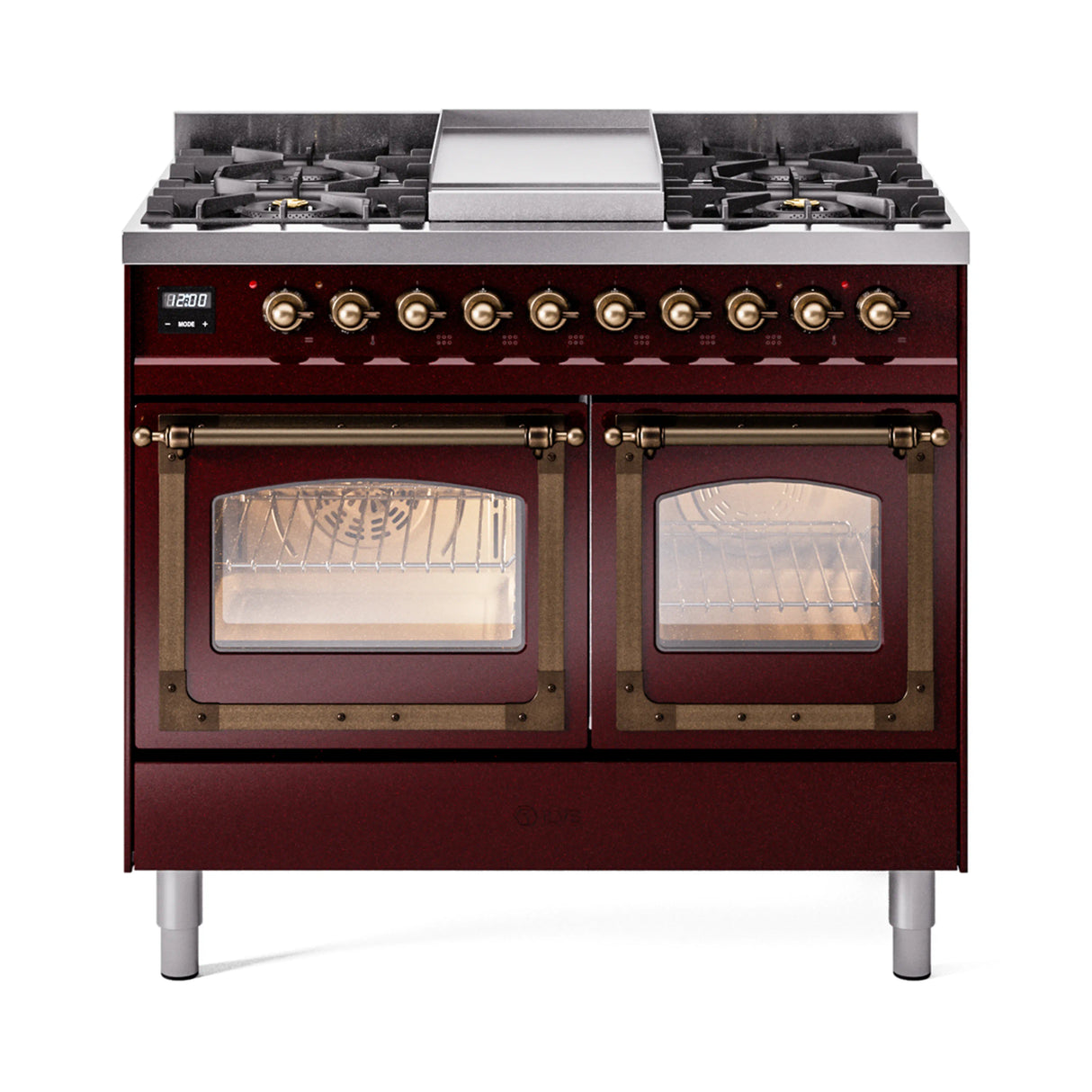 ILVE 40-Inch Nostalgie II Noblesse Propane Gas Dual Fuel Range with Triple Glass Door Oven in Burgundy with Bronze Trim (UND40FNMPBUBLP)