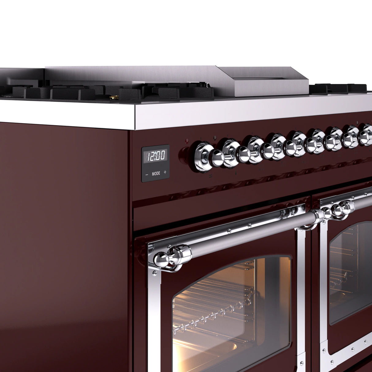 ILVE 40-Inch Nostalgie II Noblesse Propane Gas Dual Fuel Range with Triple Glass Door Oven in Burgundy with Chrome Trim (UND40FNMPBUCLP)