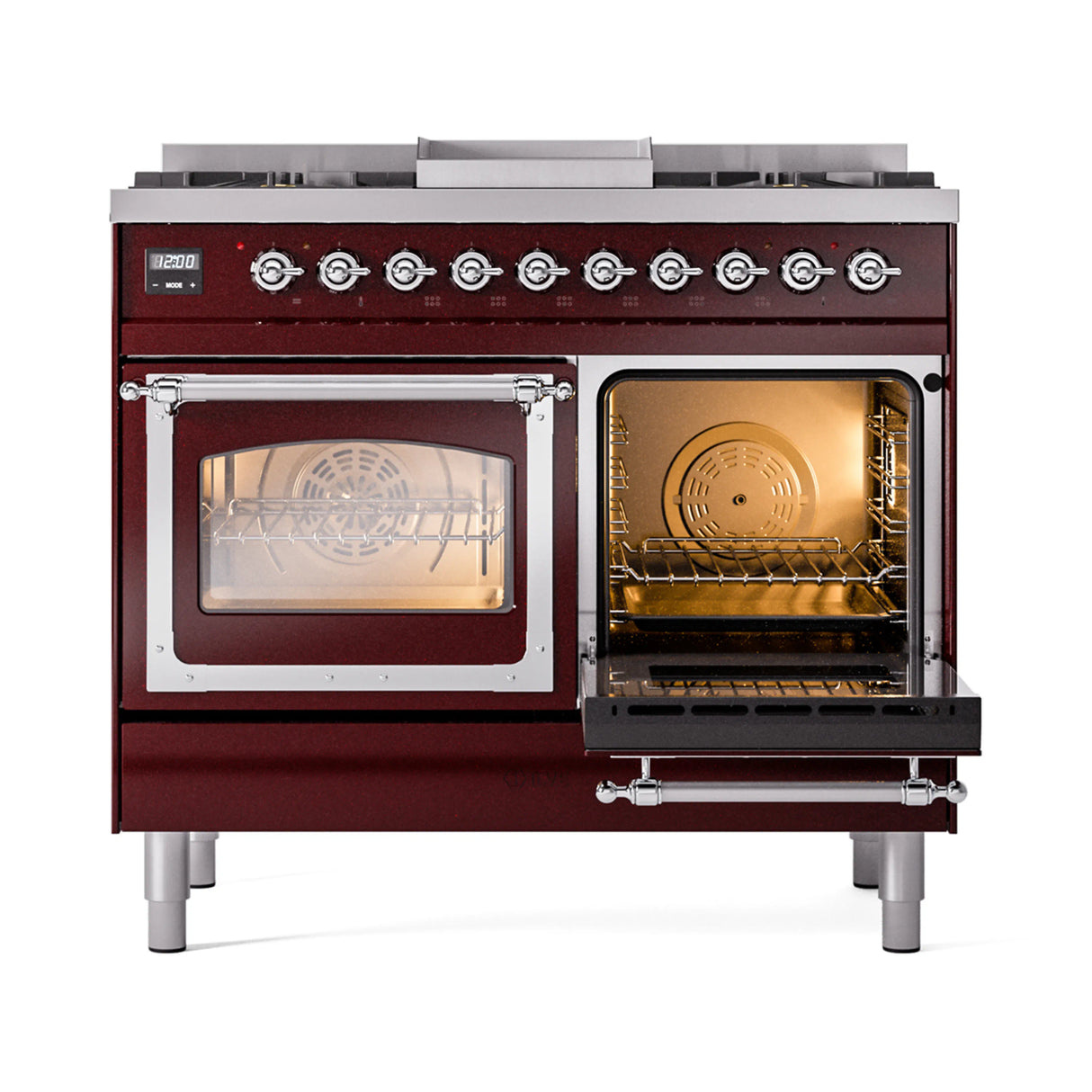ILVE 40-Inch Nostalgie II Noblesse Propane Gas Dual Fuel Range with Triple Glass Door Oven in Burgundy with Chrome Trim (UND40FNMPBUCLP)