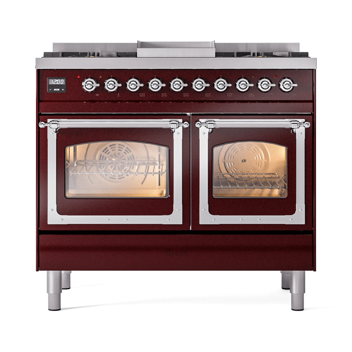 ILVE 40-Inch Nostalgie II Noblesse Propane Gas Dual Fuel Range with Triple Glass Door Oven in Burgundy with Chrome Trim (UND40FNMPBUCLP)