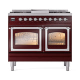 ILVE 40-Inch Nostalgie II Noblesse Propane Gas Dual Fuel Range with Triple Glass Door Oven in Burgundy with Chrome Trim (UND40FNMPBUCLP)