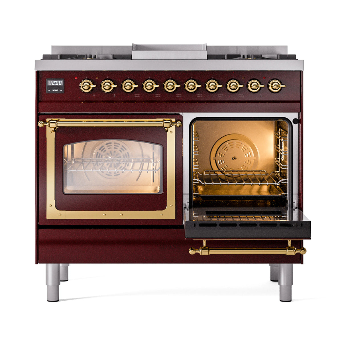ILVE 40-Inch Nostalgie II Noblesse Natural Gas Dual Fuel Range with Triple Glass Door Oven in Burgundy with Brass Trim (UND40FNMPBUG)