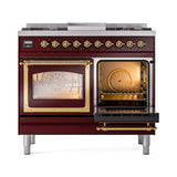 ILVE 40-Inch Nostalgie II Noblesse Natural Gas Dual Fuel Range with Triple Glass Door Oven in Burgundy with Brass Trim (UND40FNMPBUG)