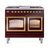 ILVE 40-Inch Nostalgie II Noblesse Natural Gas Dual Fuel Range with Triple Glass Door Oven in Burgundy with Brass Trim (UND40FNMPBUG)