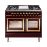 ILVE 40-Inch Nostalgie II Noblesse Natural Gas Dual Fuel Range with Triple Glass Door Oven in Burgundy with Brass Trim (UND40FNMPBUG)