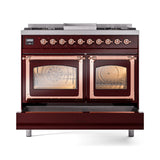 ILVE 40-Inch Nostalgie II Noblesse Propane Gas Dual Fuel Range with Triple Glass Door Oven in Burgundy with Copper Trim (UND40FNMPBUPLP)
