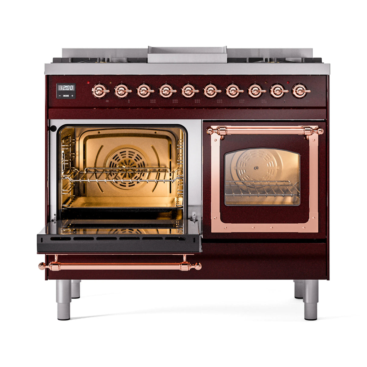 ILVE 40-Inch Nostalgie II Noblesse Propane Gas Dual Fuel Range with Triple Glass Door Oven in Burgundy with Copper Trim (UND40FNMPBUPLP)