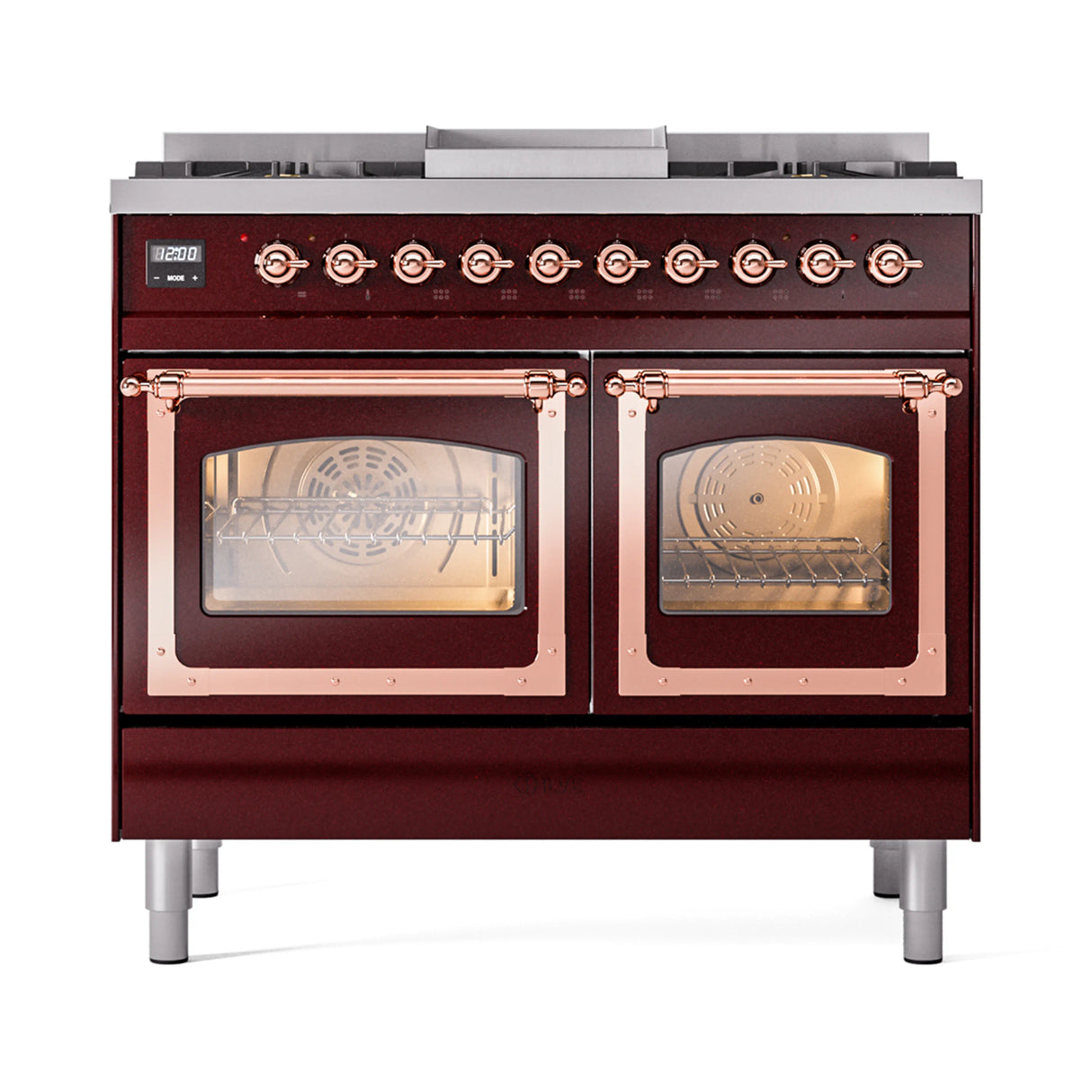ILVE 40-Inch Nostalgie II Noblesse Propane Gas Dual Fuel Range with Triple Glass Door Oven in Burgundy with Copper Trim (UND40FNMPBUPLP)