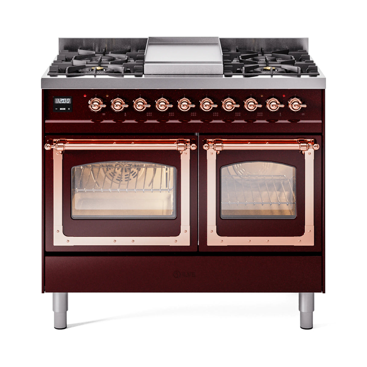 ILVE 40-Inch Nostalgie II Noblesse Propane Gas Dual Fuel Range with Triple Glass Door Oven in Burgundy with Copper Trim (UND40FNMPBUPLP)