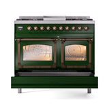 ILVE 40-Inch Nostalgie II Noblesse Natural Gas Dual Fuel Range with Triple Glass Door Oven in Emerald Green with Bronze Trim (UND40FNMPEGB)