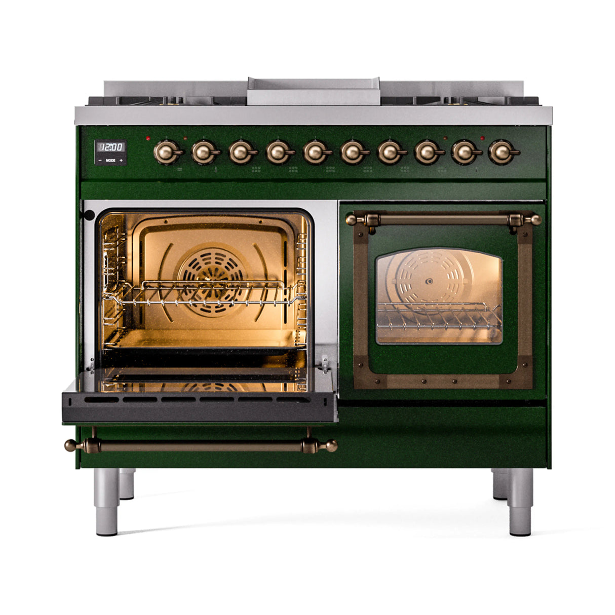 ILVE 40-Inch Nostalgie II Noblesse Natural Gas Dual Fuel Range with Triple Glass Door Oven in Emerald Green with Bronze Trim (UND40FNMPEGB)
