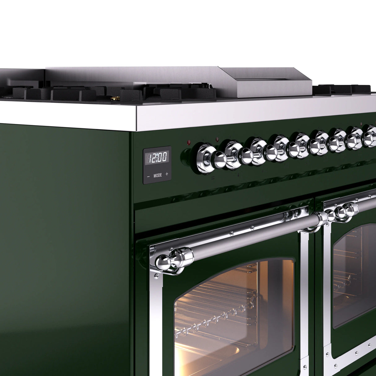 ILVE 40-Inch Nostalgie II Noblesse Propane Gas Dual Fuel Range with Triple Glass Door Oven in Emerald Green with Chrome Trim (UND40FNMPEGCLP)