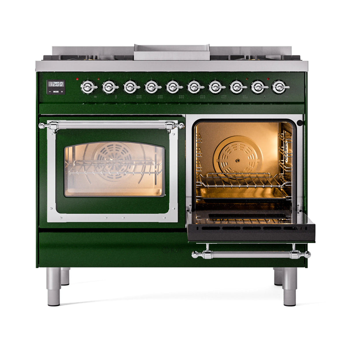 ILVE 40-Inch Nostalgie II Noblesse Propane Gas Dual Fuel Range with Triple Glass Door Oven in Emerald Green with Chrome Trim (UND40FNMPEGCLP)