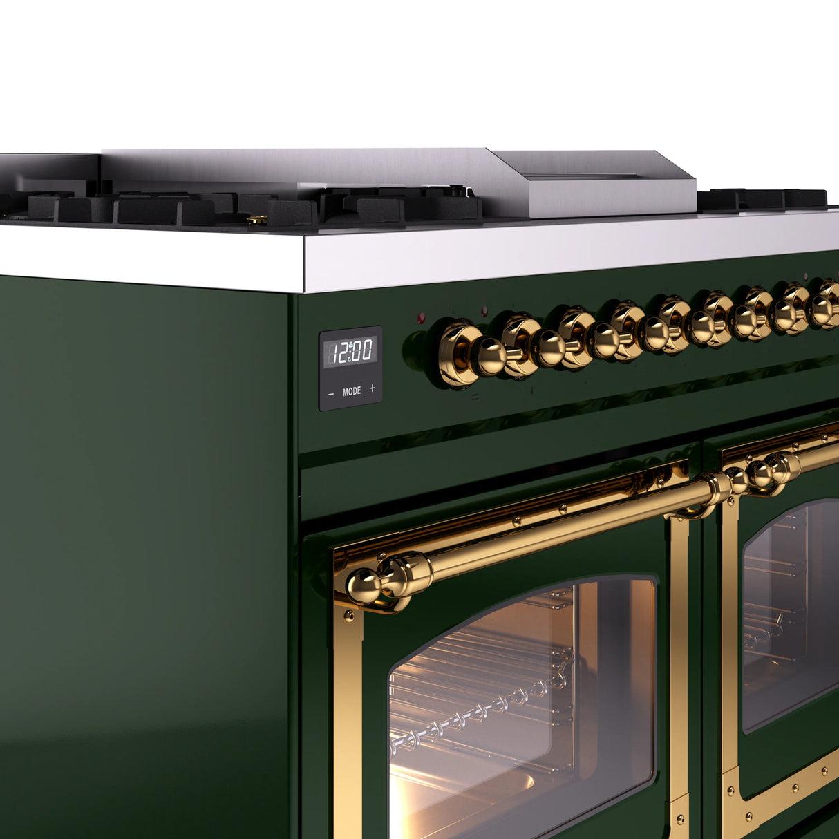 ILVE 40-Inch Nostalgie II Noblesse Propane Gas Dual Fuel Range with Triple Glass Door Oven in Emerald Green with Brass Trim (UND40FNMPEGGLP)