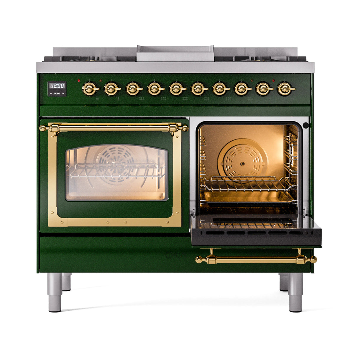 ILVE 40-Inch Nostalgie II Noblesse Propane Gas Dual Fuel Range with Triple Glass Door Oven in Emerald Green with Brass Trim (UND40FNMPEGGLP)
