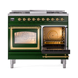ILVE 40-Inch Nostalgie II Noblesse Propane Gas Dual Fuel Range with Triple Glass Door Oven in Emerald Green with Brass Trim (UND40FNMPEGGLP)