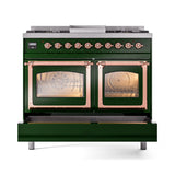 ILVE 40-Inch Nostalgie II Noblesse Propane Gas Dual Fuel Range with Triple Glass Door Oven in Emerald Green with Copper Trim (UND40FNMPEGPLP)