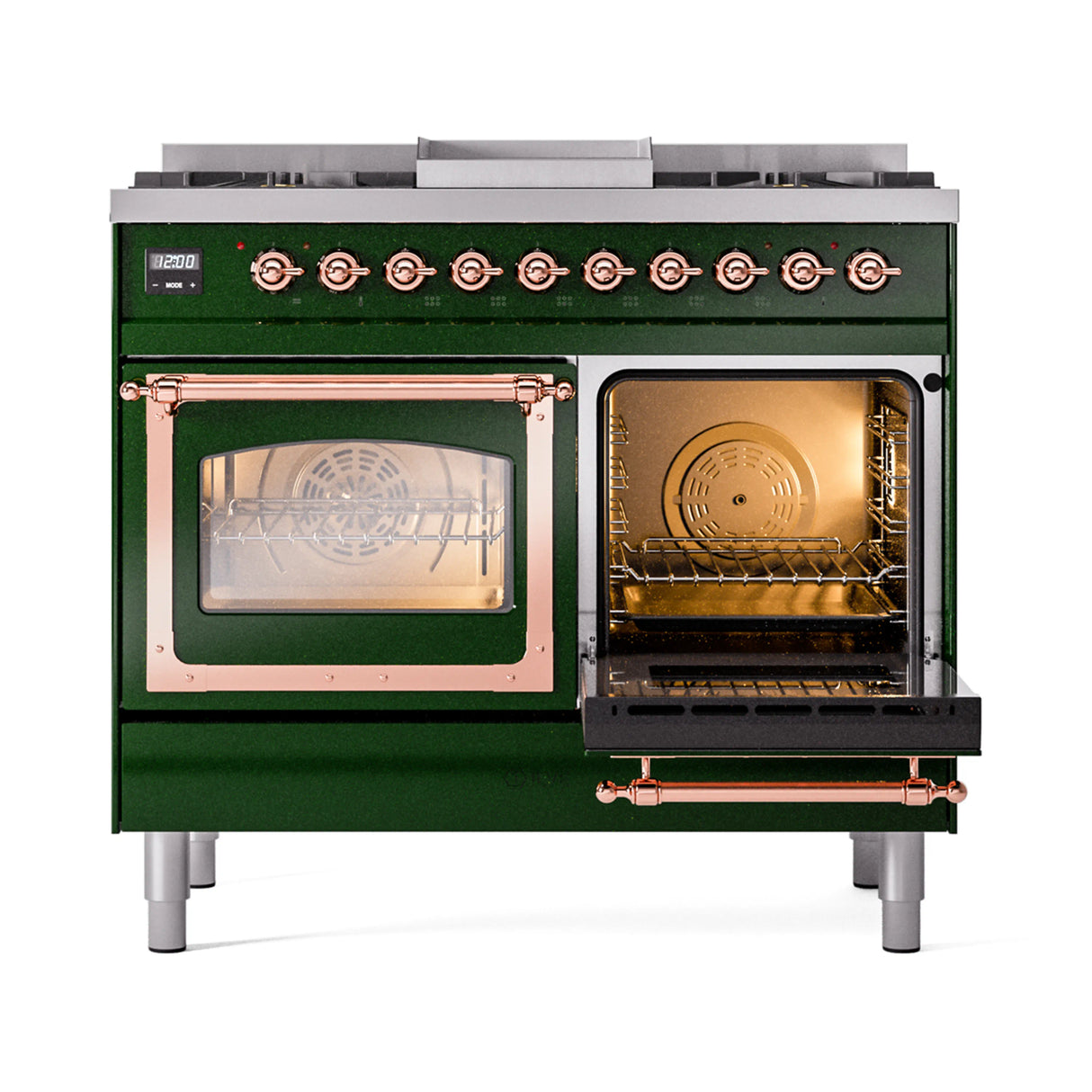 ILVE 40-Inch Nostalgie II Noblesse Propane Gas Dual Fuel Range with Triple Glass Door Oven in Emerald Green with Copper Trim (UND40FNMPEGPLP)