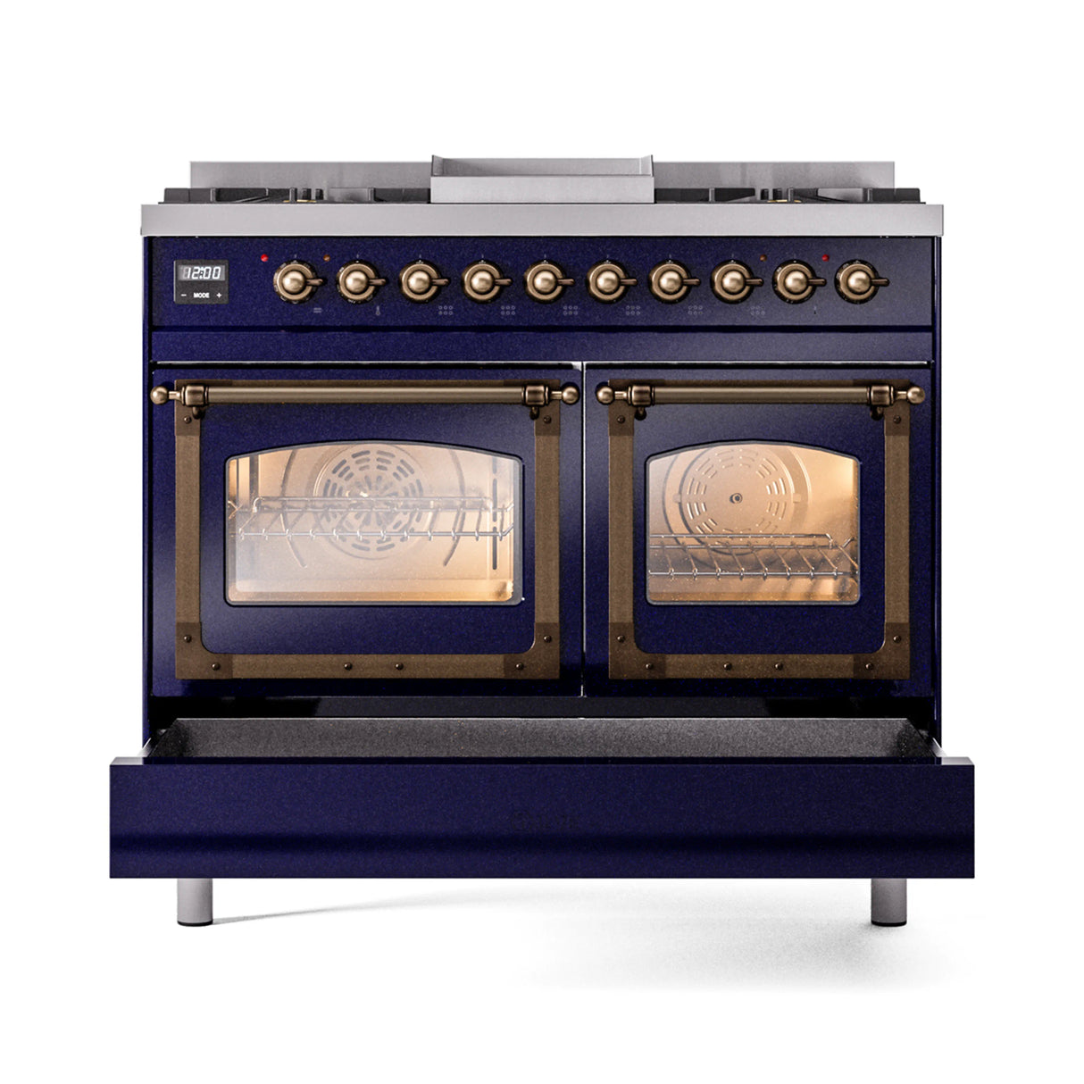 ILVE 40-Inch Nostalgie II Noblesse Propane Gas Dual Fuel Range with Triple Glass Door Oven in Midnight Blue with Bronze Trim (UND40FNMPMBBLP)