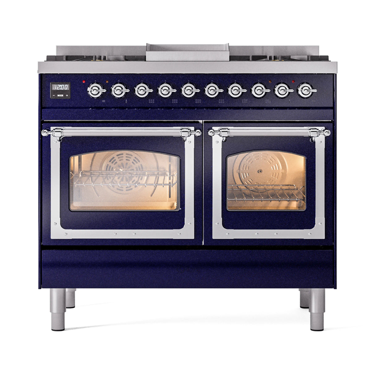 ILVE 40-Inch Nostalgie II Noblesse Natural Gas Dual Fuel Range with Triple Glass Door Oven in Midnight Blue with Chrome Trim (UND40FNMPMBC)